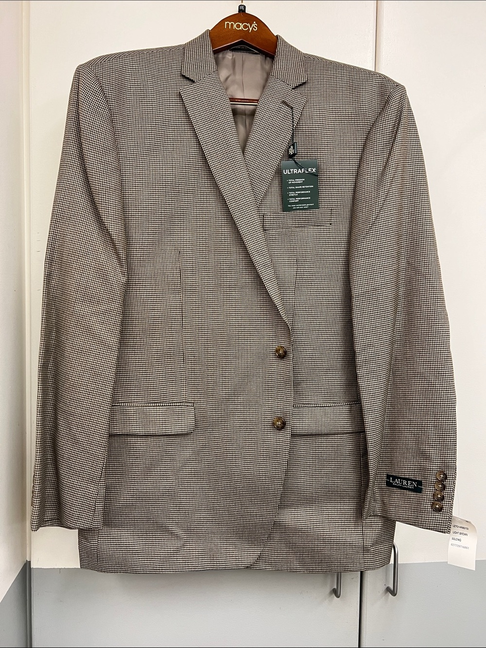 Ralph Lauren Men's Light Brown Ultraflex Houndstooth Sport Coat Blazer Jacket